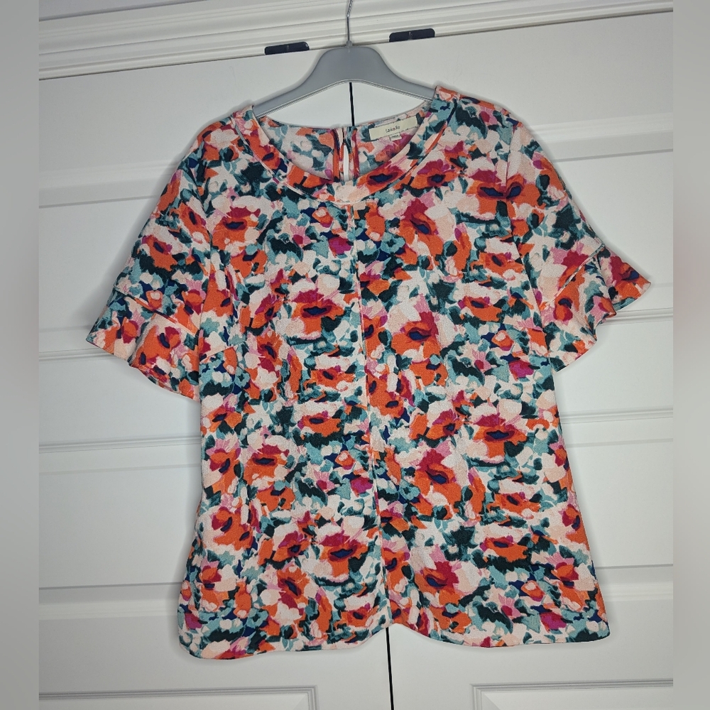 Lark & Ro Womens XL Floral Orange Blouse Ruffle Short Sleeve Key Hole Back